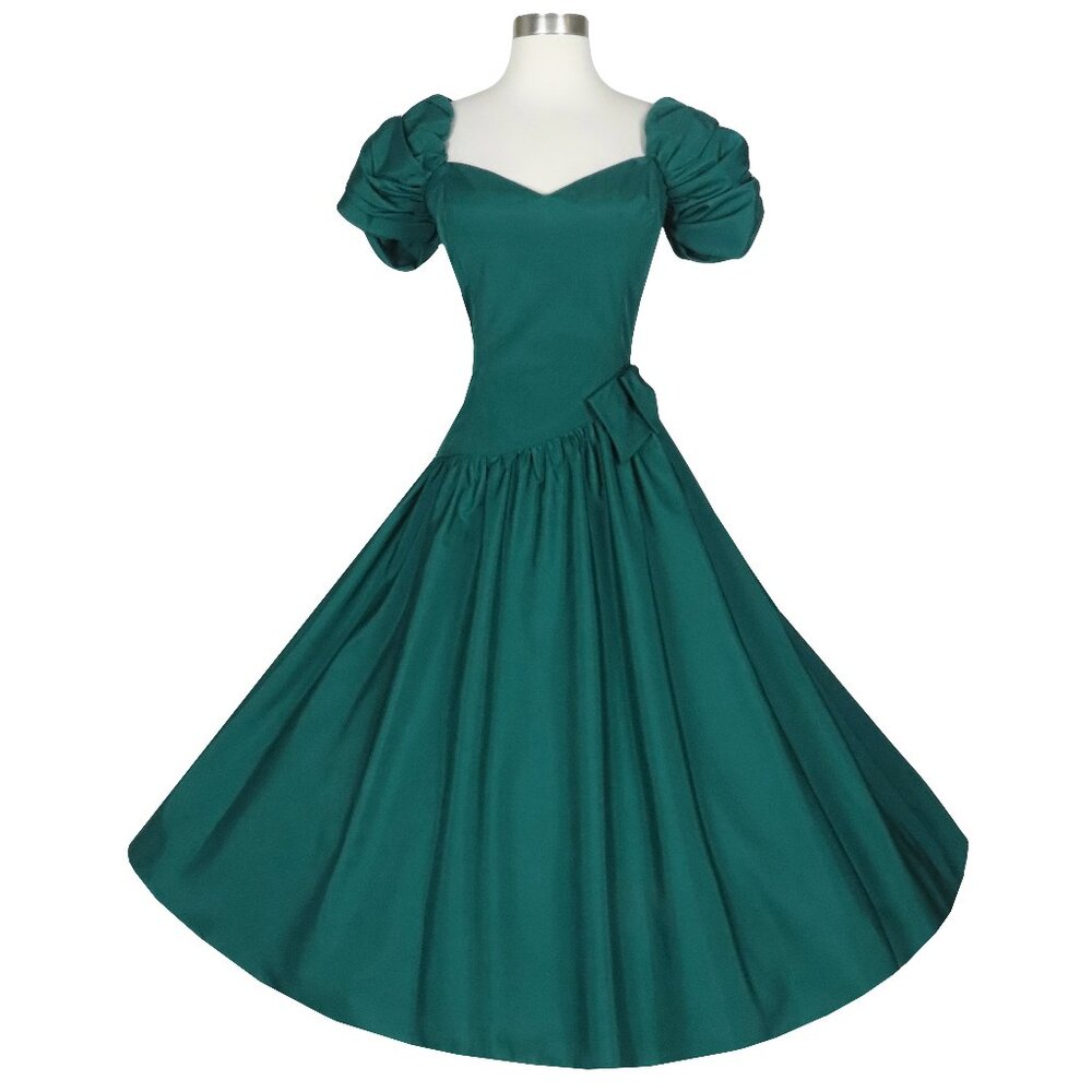 Vintage 80s Green Taffeta Bow Puff Sleeve Full Skirt Prom Party Dress S Small